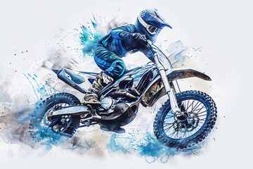A blue watercolor painting of motocross rider on motorcycle