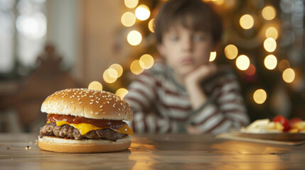 A boy is seated at a table with a hamburger placed in front of them. The individual appears to be...