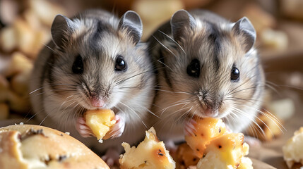 Adorable hamster eating cheese in a basket, with a cute fluffy rat nearby, on a white background. - obrazy, fototapety, plakaty