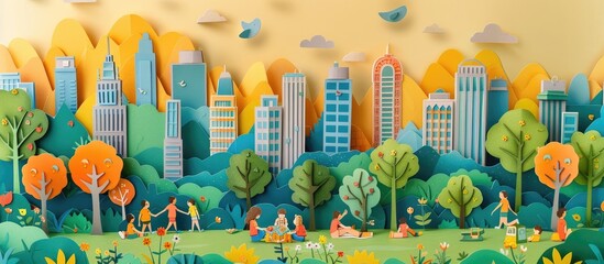 Paper Cut Style City Park Families Picnicking and Children Playing in Lush Greenery
