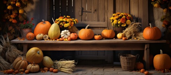 The image showcases a table decorated with pumpkins and various items symbolizing the fall season, creating a warm and festive ambiance