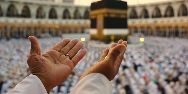 Muslim Man hand praying up in front of Kaaba at the Mecca. 