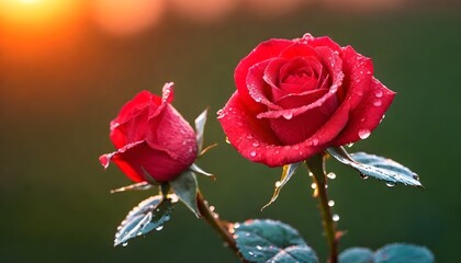 red rose flower garden in drops of dew at sunrise