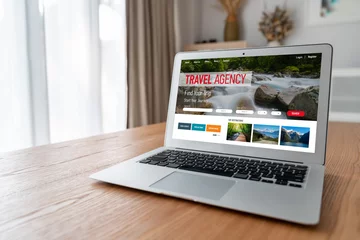 Fotobehang Online travel agency website for modish search and travel planning offers deal and package for flight , hotel and tour booking © Summit Art Creations