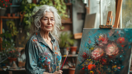 an artistic retired woman standing in front of an easel and doing an oil painting,generative ai - obrazy, fototapety, plakaty