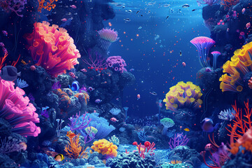 Design an abstract cartoon scene inspired by underwater life, featuring surreal sea creatures and coral formations 