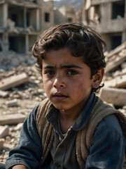 A kid in front of rubble buildings, with empty eyes and tattered clothing, symbolizing the lost to shelter and home