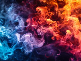 Abstract dance of vibrant, multicolored smoke plumes, swirling on a black background ,high resulution,clean sharp focus
