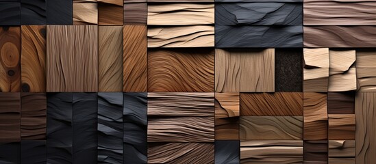 Variety of different types of wood is showcased in a close-up of a wooden wall