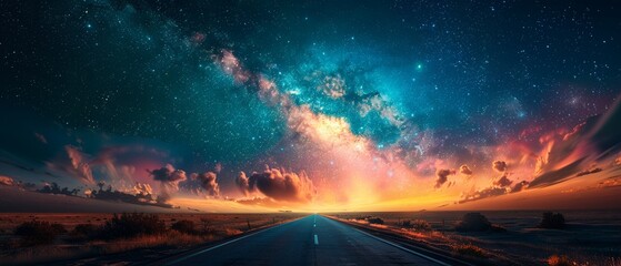 A photorealistic image of a highway stretching towards a vibrant galaxy, colors blending at the horizon ,3DCG,clean sharp focus - obrazy, fototapety, plakaty