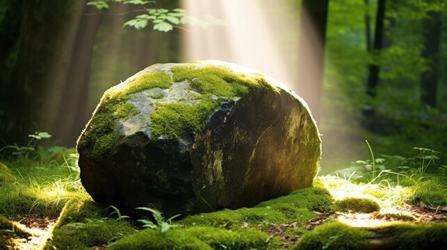 a large rock covered in moss