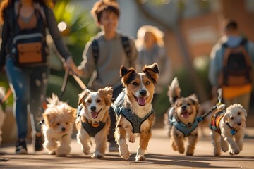 A Group of Lively Dogs Enjoying a Joyful Outdoor Adventure on Their Daily Walk - obrazy, fototapety, plakaty