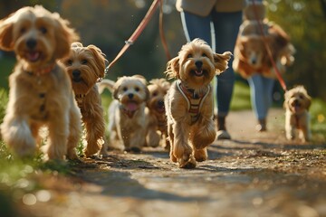 Dog Walker Leads Joyful Pack of Playful Puppies on Leisurely Outdoor Stroll Promoting Exercise and Socialization for Furry Friends - obrazy, fototapety, plakaty