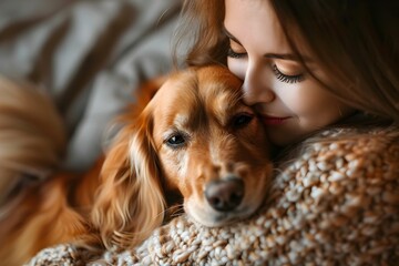 A Cozy Moment Captured Between a Pet and Its Owner,Preserving a Lifetime of Cherished Memories - obrazy, fototapety, plakaty