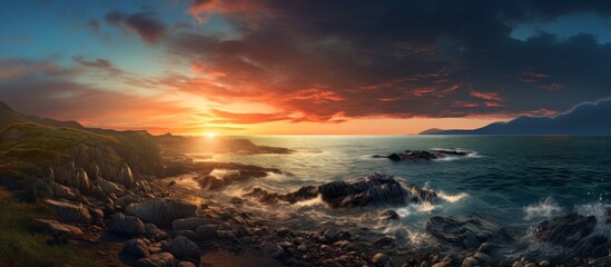 Sunset view with vibrant colors reflecting on the ocean water, rocks scattered on the shore, and...