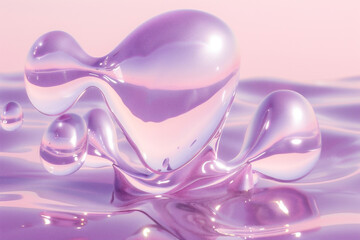 Pink dreamscape: a mysterious purple droplet, crafted from shimmering chrome, hangs suspended in a gradient pink sky. 