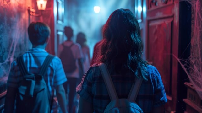 A group of strangers backs to the camera hesitantly make way through the cobwebcovered halls of the haunted mansion unsure . .