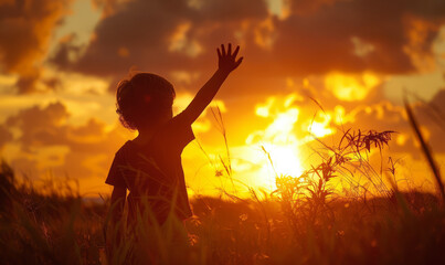 golden-hour scene capturing the silhouette of a child waving their hand against the backdrop of a breathtaking sunset,generative ai - obrazy, fototapety, plakaty