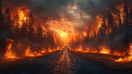 a forest on fire, we see in the foreground a road where there are no cars, because of global warming,generative ai