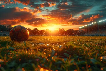 A Breathtaking Sunset over a Glamorous Soccer Stadium Radiating with Warm and Cool Tones