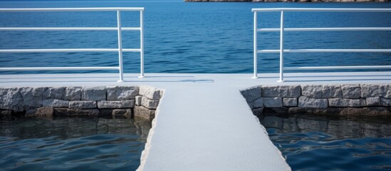 A concrete pathway leads to a wooden dock stretching into the water with a beautiful ocean view in the background