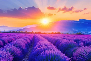 Wandcirkels aluminium Field of lavender with bright sun in sky © Alexandr