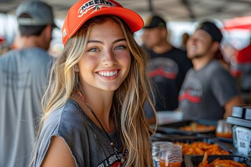 Smiling Blond Woman in Casual Attire Enjoying Lively Pre game Tailgating Festivities Outside Soccer Stadium