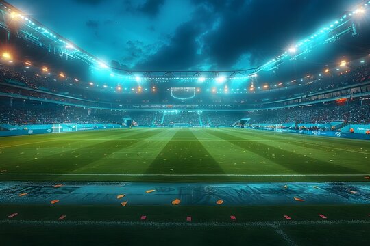 Futuristic Soccer Stadium with Cutting Edge Design and Neon Lit Atmosphere Pulsating with the Energy of a New Era
