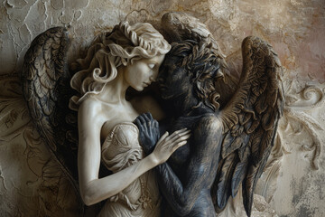 Generate a surreal depiction of an angel and Satan embracing in a delicate interlocking pose, their contrasting forms merging harmoniously to symbolize the eternal struggle between good and evil