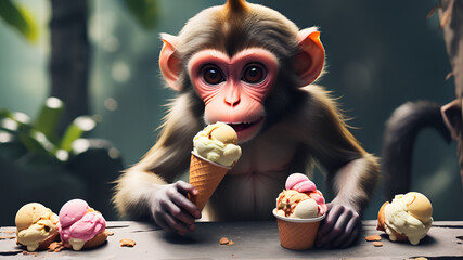 Monkey eating ice cream cone,playful, funny moment, humoristic, enjoyment, tasty,  - obrazy, fototapety, plakaty
