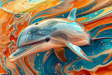 Generate an abstract cartoon representation of a dolphin, with its sleek body adorned with flowing lines and its playful demeanor captured in dynamic swirls of color  - obrazy, fototapety, plakaty