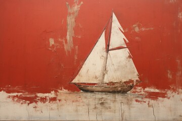 a painting of a sailboat on a red wall