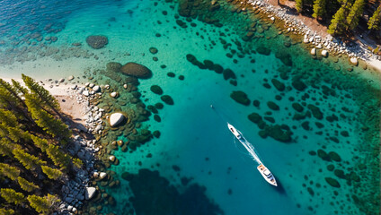 Naklejka na ściany i meble Drone aerial of boat in clear blue water 