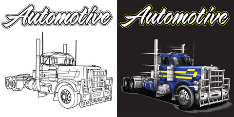 Outline and painted truck. Isolated in black background, for t-shirt design, print and for business purposes.