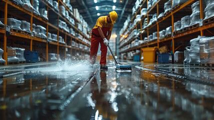 warehouse workers mopping and cleaning a warehouse,generative ai
