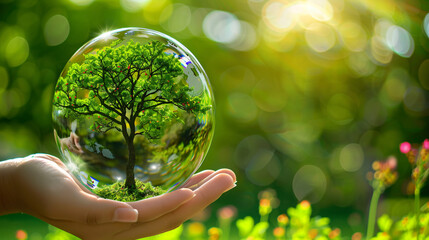 hand holding a crystal ball containing a tree in the flower garden,earth day concept  ecology ...