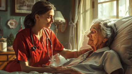 Elderly care nurse on a wheel chair. Ai generative. - obrazy, fototapety, plakaty