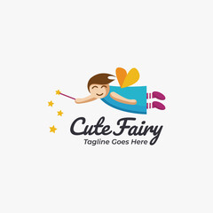 Flying young fairy logo mascot cartoon vector template on light background