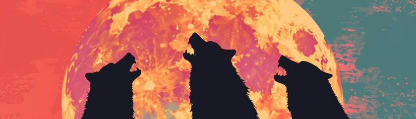 Werewolf silhouettes against a pastel Pop Art moon