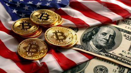 Golden Bitcoin Coins on US Dollar Bills with American Flag Backdrop. Room for Copy Text