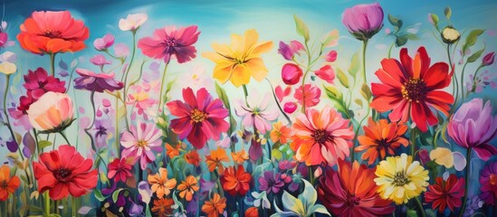 Vibrant artistic depiction of a picturesque field of colorful flowers under a clear blue sky in the background