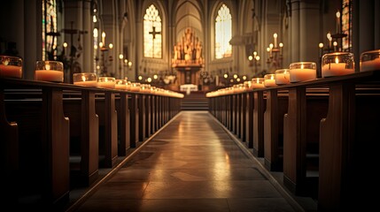 Fototapeta na wymiar candles blurred church building interior