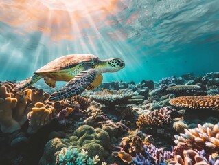 Sea turtle gliding over a vibrant coral reef - obrazy, fototapety, plakaty