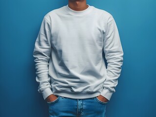 Man Wearing Plain White Gildan Sweater and Jeans Mockup, To promote and showcase fashion apparel...