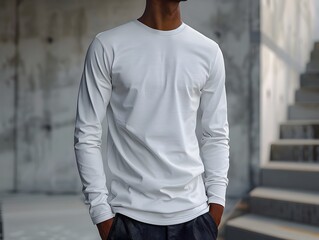 African American Man in White Long Sleeve T-Shirt Mockup on Concrete Stairs, To provide a high quality, versatile blank t-shirt mockup for streetwear