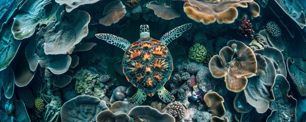 Sea turtle making its way through a maze of coral - obrazy, fototapety, plakaty