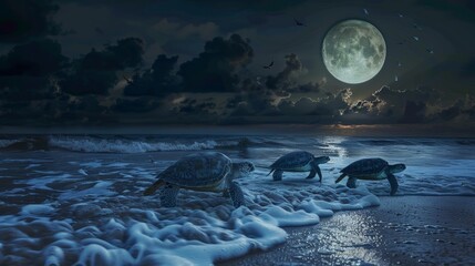 Sea turtle migration under the full moon - obrazy, fototapety, plakaty