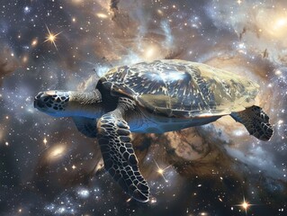 Sea turtle navigating through a galaxy cluster