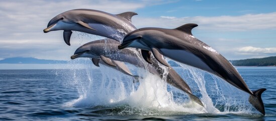 Several sleek dolphins are leaping energetically out of the sparkling ocean, showcasing their graceful agility and playful nature