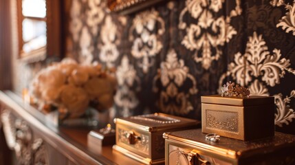 A touch of oldworld elegance with golden podiums shining against a backdrop of intricate damask wallpaper and vintage jewelry boxes . .